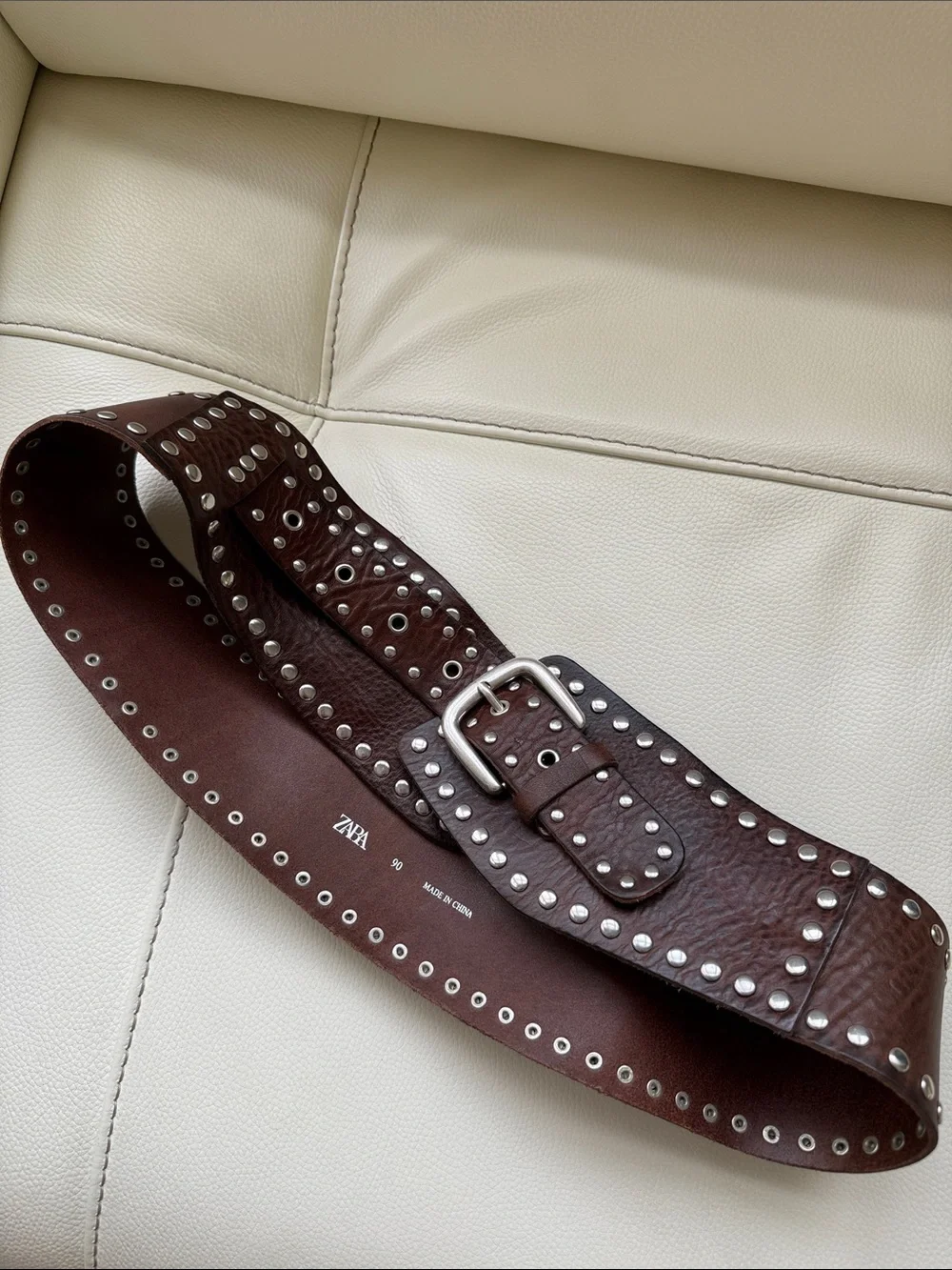 Zara Dark Brown Studded Wide Leather Belt with Silver Hardware